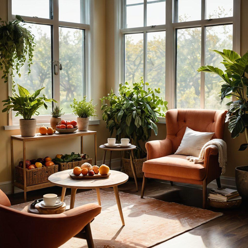 A serene recovery space with a vibrant fruit and vegetable display symbolizing nutrition, alongside a comforting armchair with an open book and a steaming cup of herbal tea, representing emotional support. Natural sunlight streams through a window, illuminating soft, warm colors. Add a subtle blend of hands in a supportive gesture around the space, reflecting a sense of community and care. super-realistic. warm tones. soft focus.
