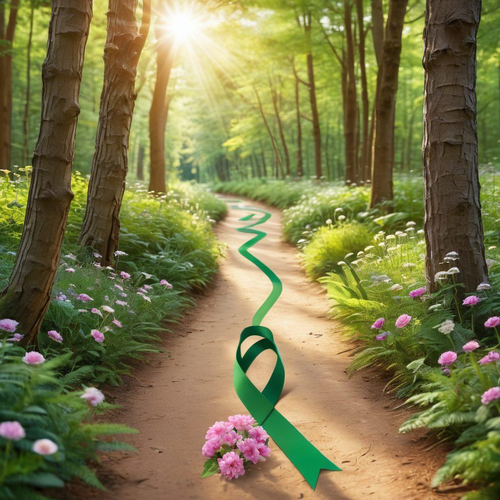 A serene path winding through a lush green forest, symbolizing the journey of cancer survivorship. Along the sides of the path, various hands of diverse individuals are offering supportive gestures. In the background, soft sunlight filters through the trees, creating a warm and hopeful atmosphere, representing wellness and healing. Include symbols of treatment like a floral representation of a ribbon. super-realistic. vibrant colors.